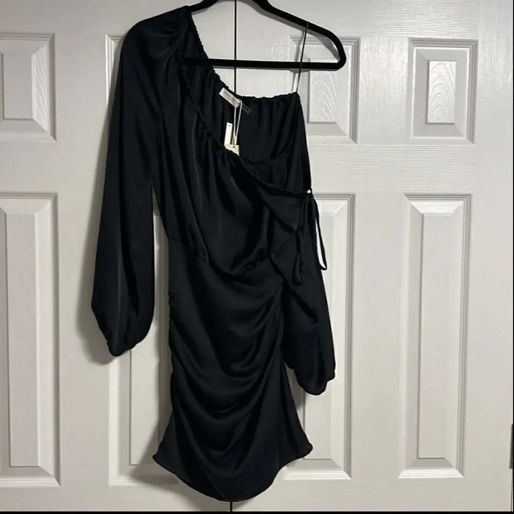 RAMY BROOK Louisa Long Sleeve Black One Shoulder Satin Mini Cocktail Dress Siz 4